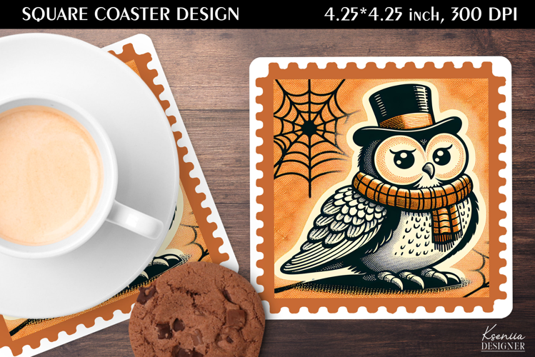 Vintage Postage Stamp Fall Halloween Square Coaster
