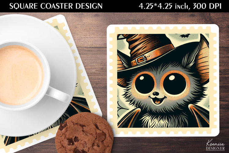 Vintage Postage Stamp Fall Halloween Square Coaster