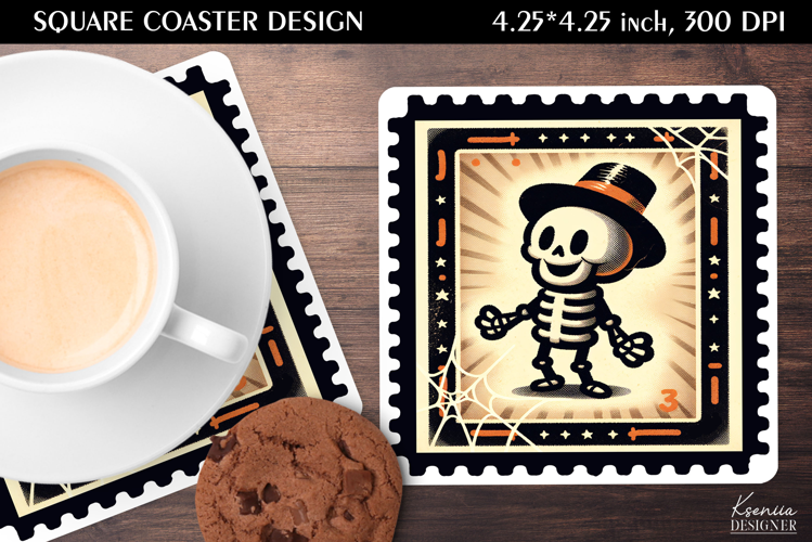 Vintage Postage Stamp Fall Halloween Square Coaster