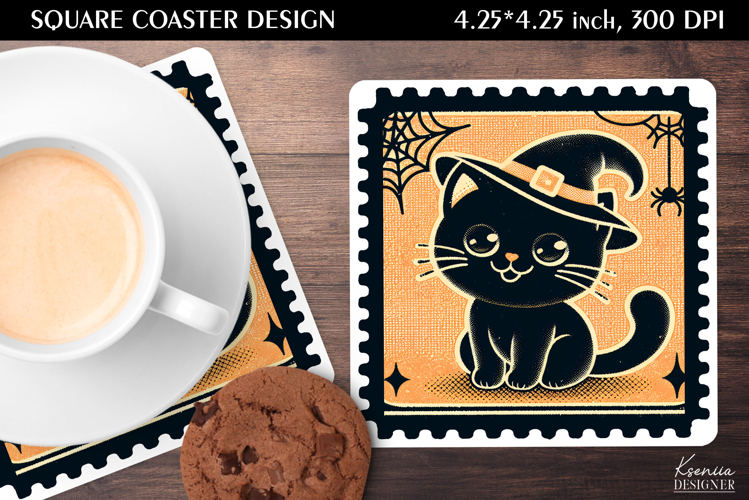 Vintage Postage Stamp Fall Halloween Square Coaster
