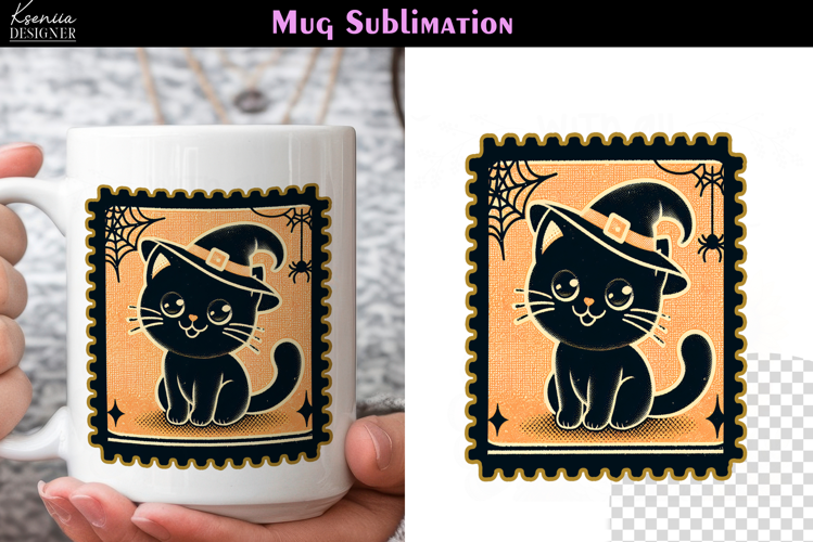 Vintage Halloween Cat | Postage Stamp Halloween Coffee Mug