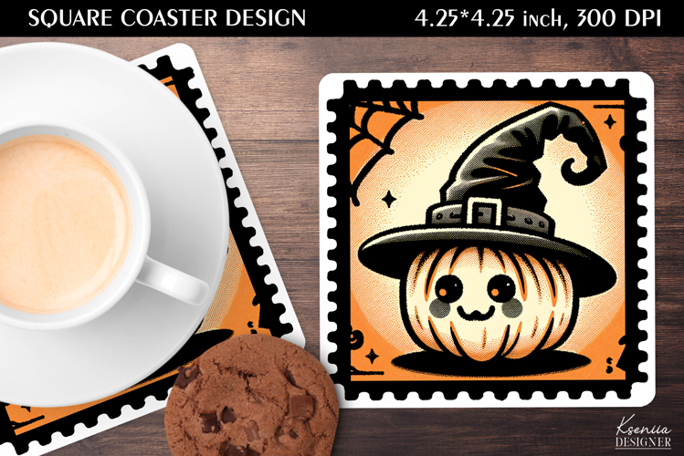 Vintage Postage Stamp Fall Halloween Square Coaster