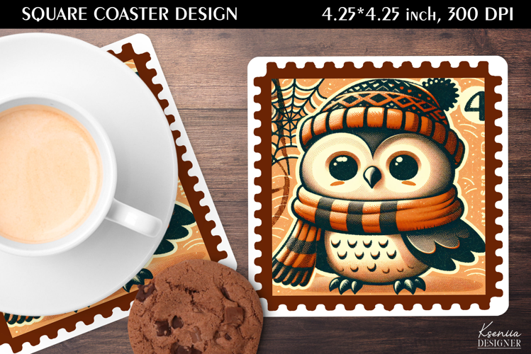 Vintage Postage Stamp Fall Halloween Square Coaster
