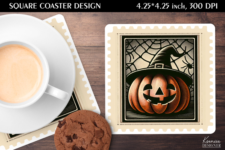 Vintage Postage Stamp Fall Halloween Square Coaster