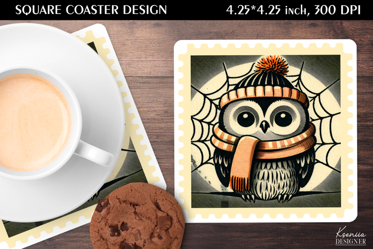 Vintage Postage Stamp Fall Halloween Square Coaster
