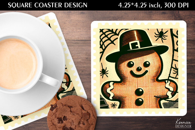 Vintage Postage Stamp Fall Halloween Square Coaster