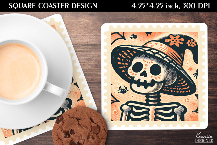 Vintage Postage Stamp Fall Halloween Square Coaster