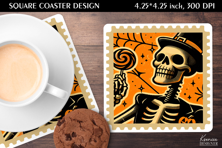 Vintage Postage Stamp Fall Halloween Square Coaster