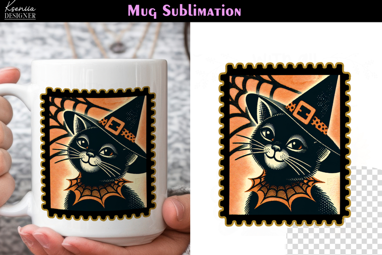 Vintage Halloween Cat | Postage Stamp Halloween Coffee Mug
