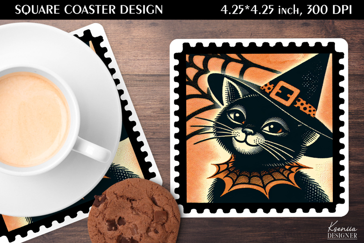 Vintage Postage Stamp Fall Halloween Square Coaster