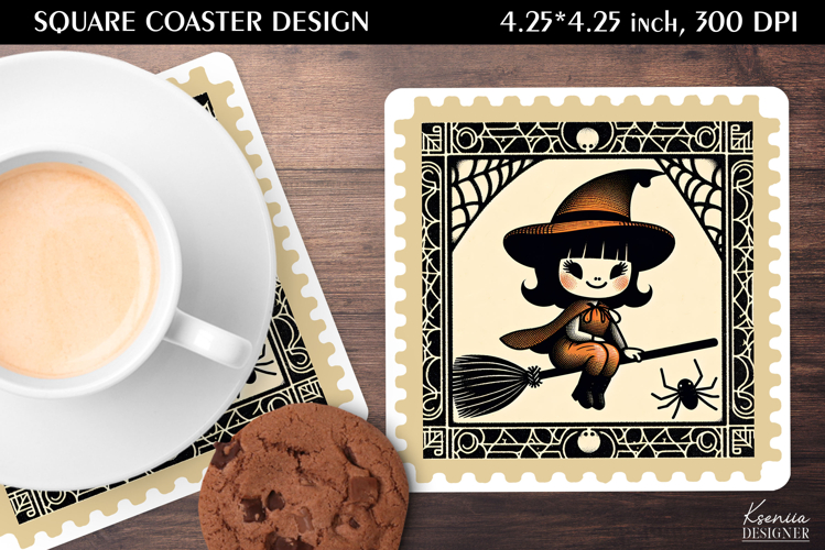 Vintage Postage Stamp Fall Halloween Square Coaster