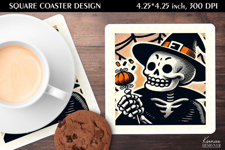 Vintage Postage Stamp Fall Halloween Square Coaster