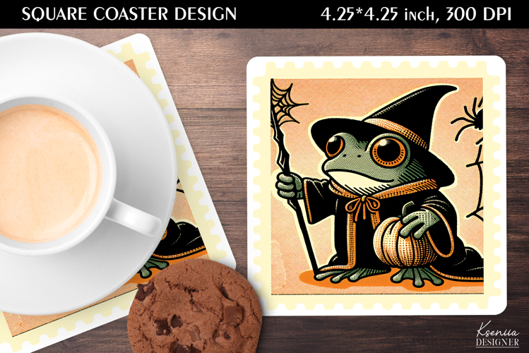 Vintage Postage Stamp Fall Halloween Square Coaster