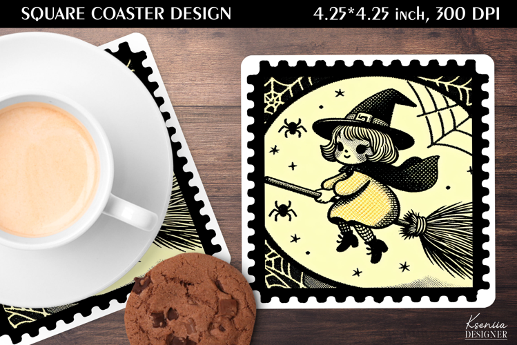 Vintage Postage Stamp Fall Halloween Square Coaster