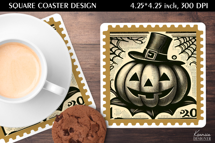 Vintage Postage Stamp Fall Halloween Square Coaster