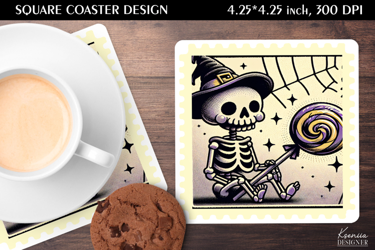 Vintage Postage Stamp Fall Halloween Square Coaster