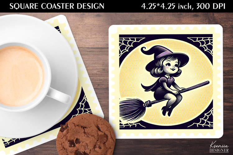 Vintage Postage Stamp Fall Halloween Square Coaster