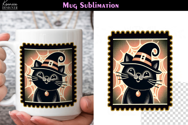 Vintage Halloween Cat | Postage Stamp Halloween Coffee Mug