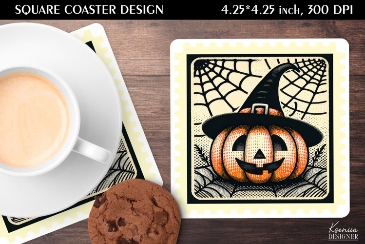 Vintage Postage Stamp Fall Halloween Square Coaster