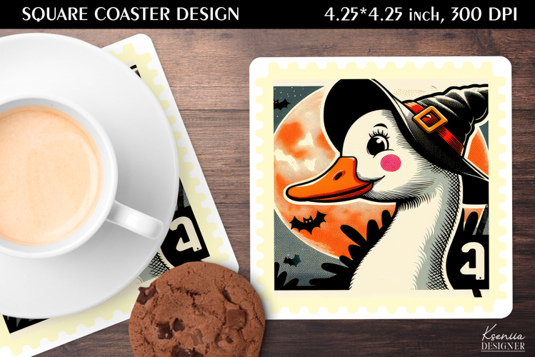 Vintage Postage Stamp Fall Halloween Square Coaster