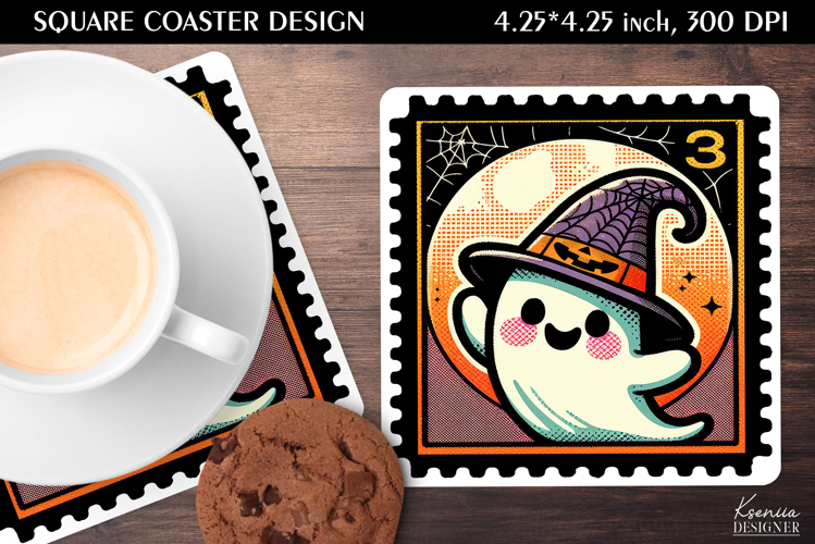 Vintage Postage Stamp Fall Halloween Square Coaster