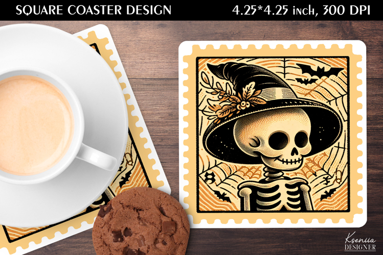 Vintage Postage Stamp Fall Halloween Square Coaster