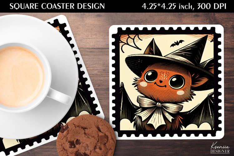 Vintage Postage Stamp Fall Halloween Square Coaster