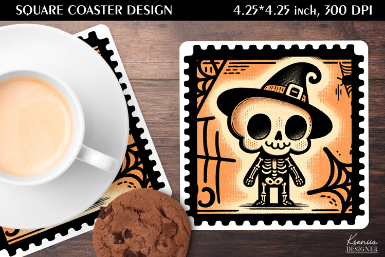 Vintage Postage Stamp Fall Halloween Square Coaster