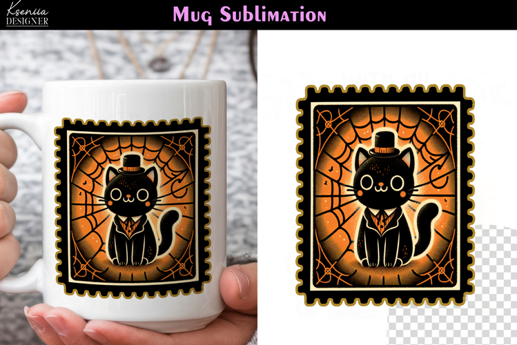Vintage Halloween Cat | Postage Stamp Halloween Coffee Mug