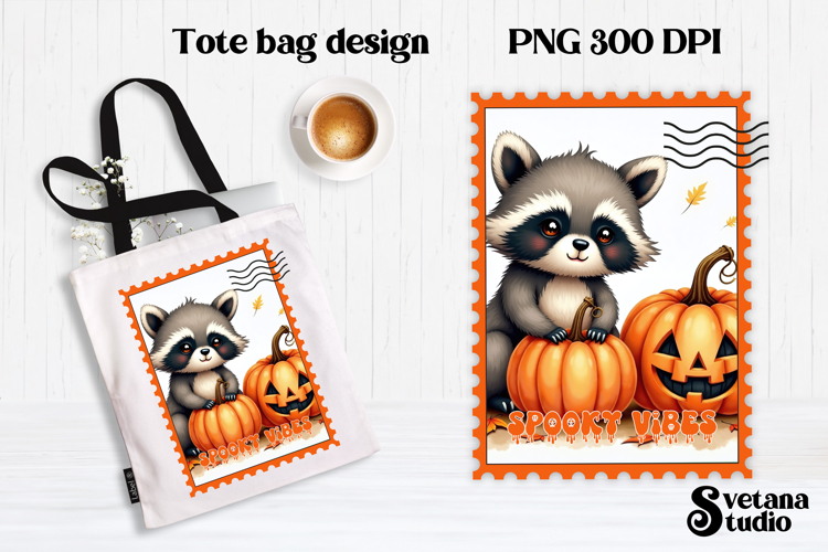 Cute Halloween raccoon clipart PNG | Halloween postage stamp