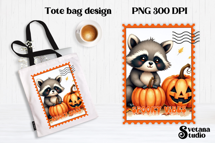 Cute Halloween raccoon clipart PNG | Halloween postage stamp