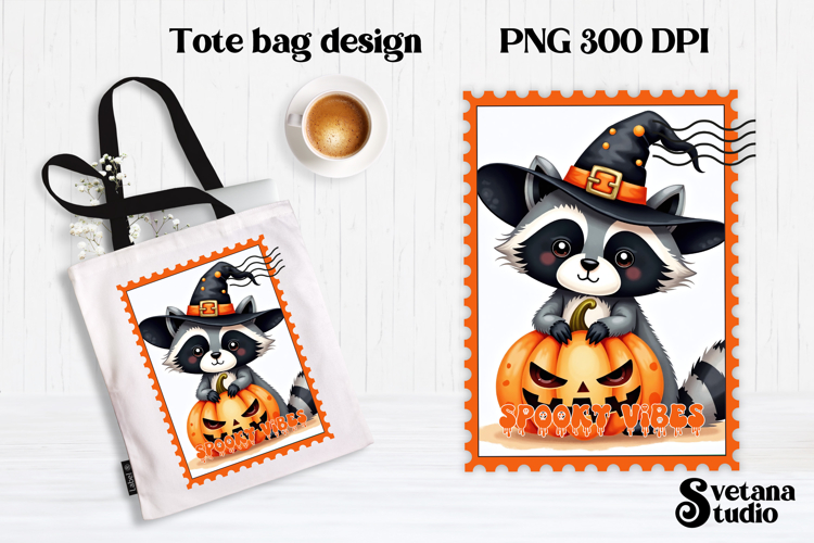 Cute Halloween raccoon clipart PNG | Halloween postage stamp