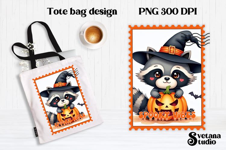 Cute Halloween raccoon clipart PNG | Halloween postage stamp