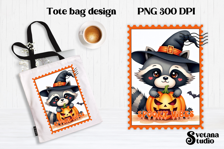Cute Halloween raccoon clipart PNG | Halloween postage stamp
