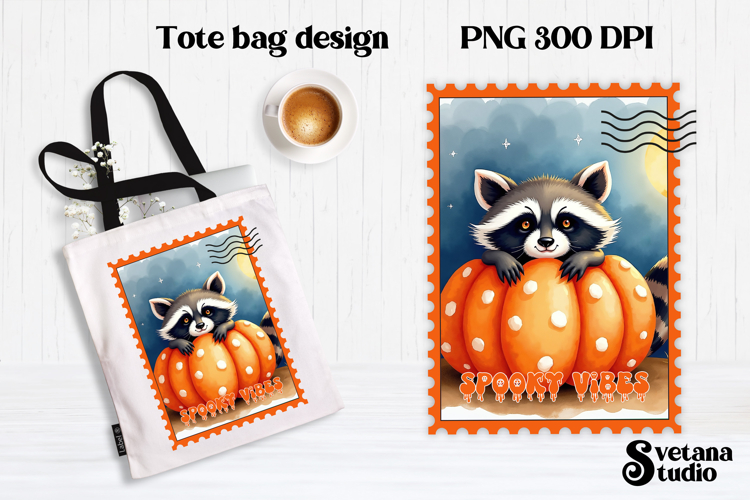 Cute Halloween raccoon clipart PNG | Halloween postage stamp