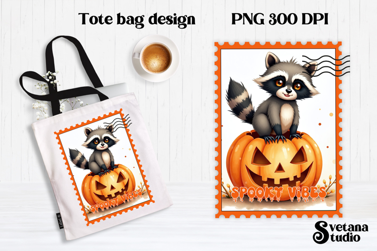 Cute Halloween raccoon clipart PNG | Halloween postage stamp
