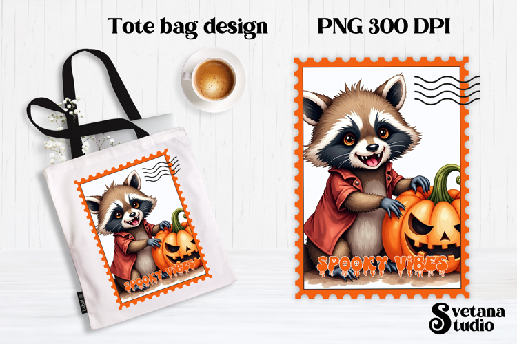 Cute Halloween raccoon clipart PNG | Halloween postage stamp