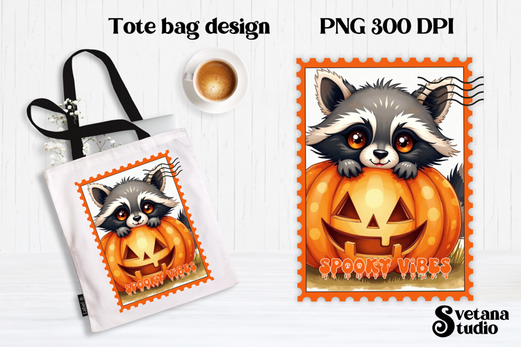 Cute Halloween raccoon clipart PNG | Halloween postage stamp