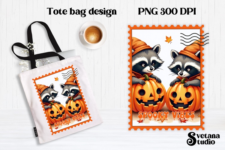 Cute Halloween raccoon clipart PNG | Halloween postage stamp