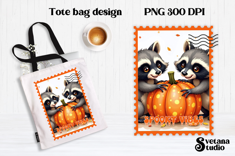 Cute Halloween raccoon clipart PNG | Halloween postage stamp