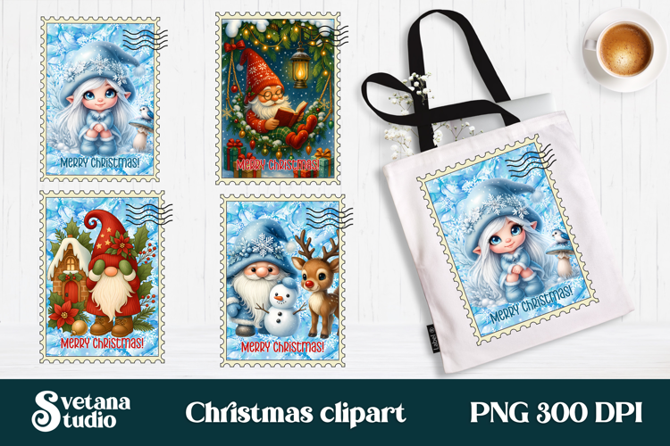Cute Christmas gnome clipart PNG | Christmas postage stamp