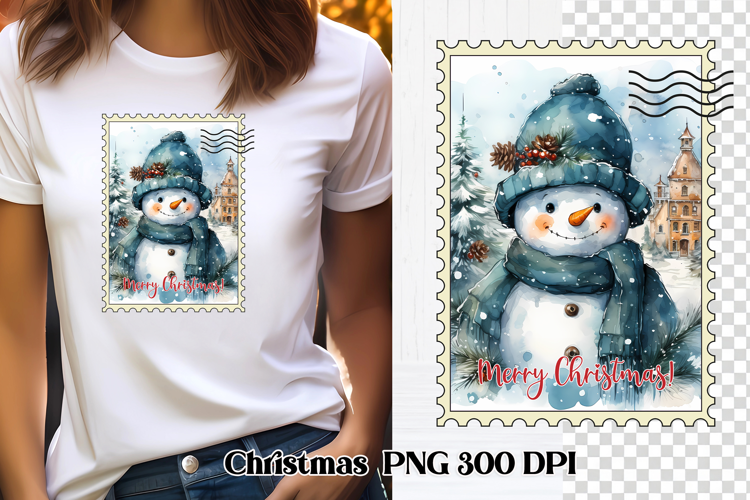 Cute Christmas snowman clipart PNG | Christmas postage stamp