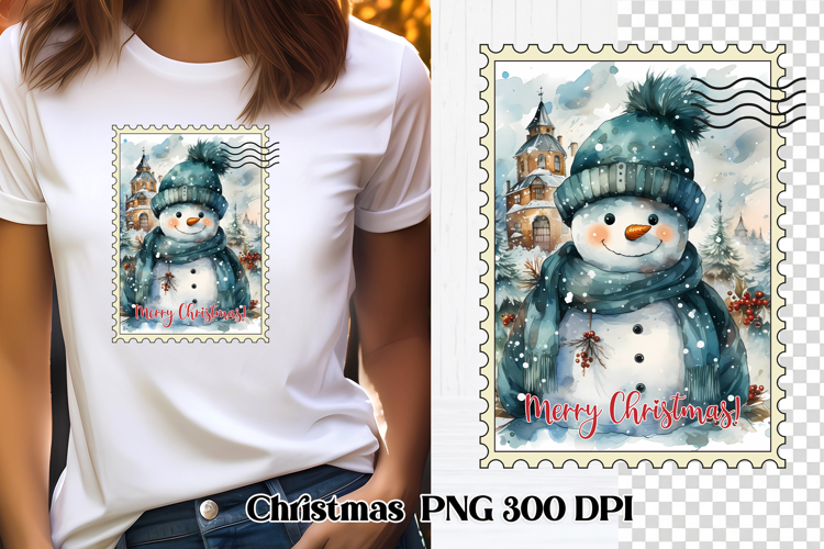 Cute Christmas snowman clipart PNG | Christmas postage stamp