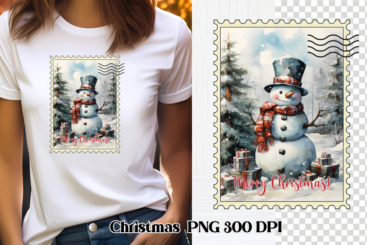 Cute Christmas snowman clipart PNG | Christmas postage stamp