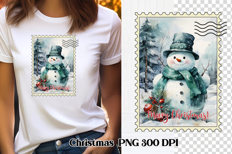 Cute Christmas snowman clipart PNG | Christmas postage stamp