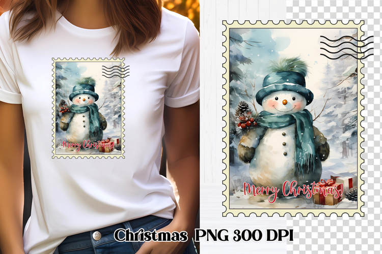 Cute Christmas snowman clipart PNG | Christmas postage stamp