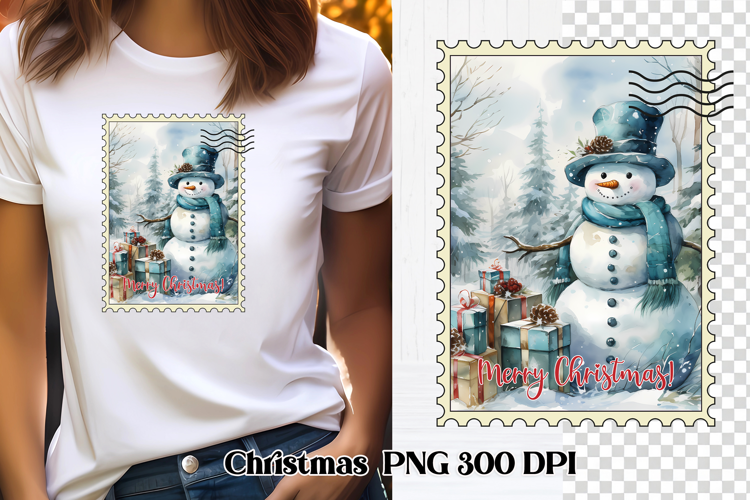 Cute Christmas snowman clipart PNG | Christmas postage stamp