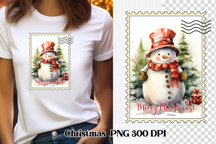 Cute Christmas snowman clipart PNG | Christmas postage stamp