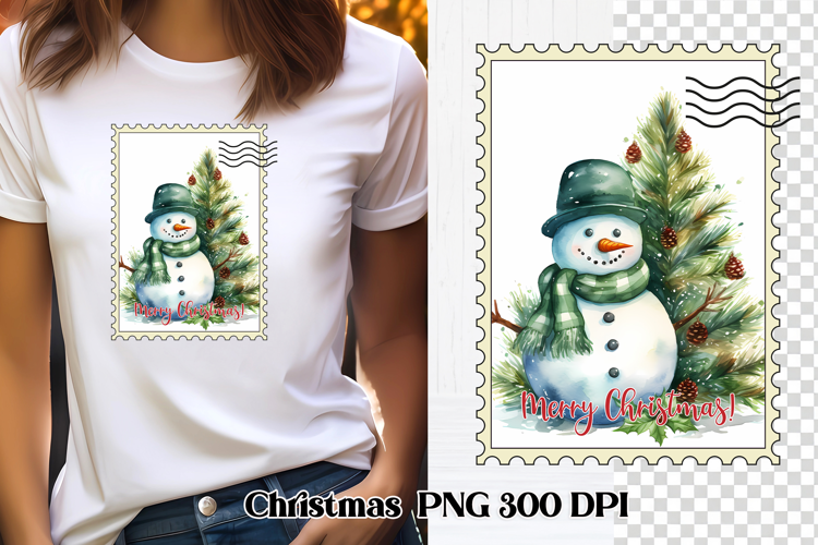 Cute Christmas snowman clipart PNG | Christmas postage stamp
