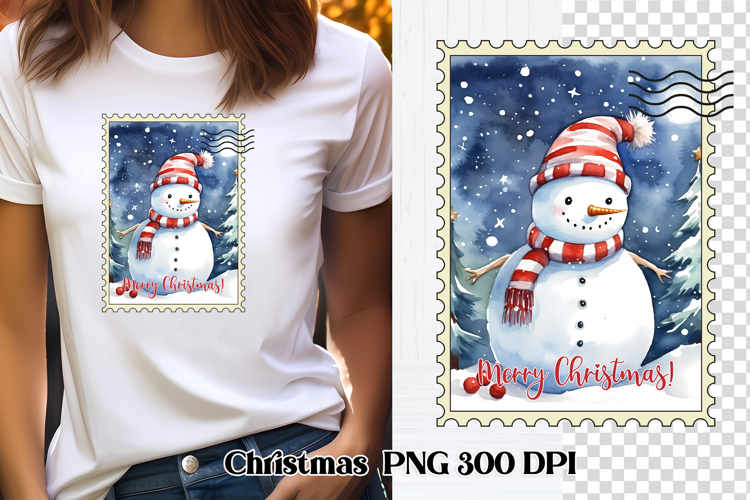 Cute Christmas snowman clipart PNG | Christmas postage stamp